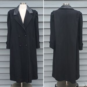 Vintage 80s Retro Preppy Acadamia Black Wool Blend Leather Trim Trench Coat XXL